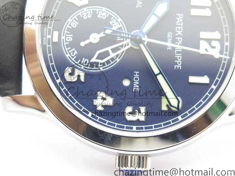 MIROTIME 0418 Practical Calatrava 5524 Pilot Travel Time SS GRF Blue Dial on Black Leather Strap A324 V 7107